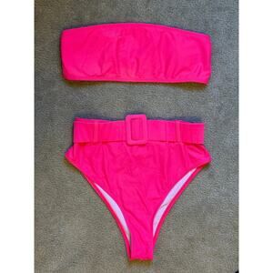 Neon Hot Pink Strapless High Waisted Belted Bikini (M)
